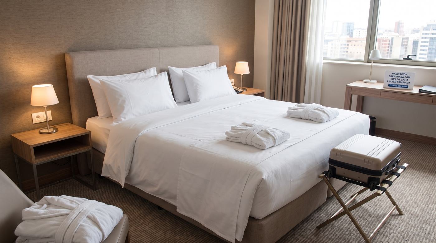 Habitación de hotel con ropa de cama y toallas lavadas por Cliner